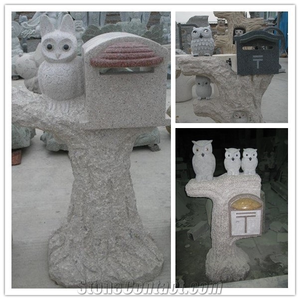 Granite Stone Mailbox, Letter Boxes Carved with Owls