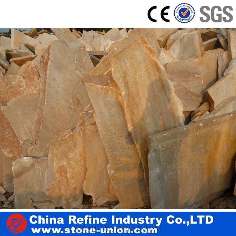 Chinese Slate Flagstone Floor Paving , Slate Flagstone Project Multiolor Slate Patio Flagstone ,Wooden Yellow Slate Flagstone