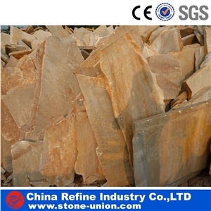 Chinese Slate Flagstone Floor Paving , Slate Flagstone Project Multiolor Slate Patio Flagstone ,Wooden Yellow Slate Flagstone