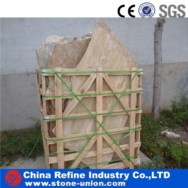 Chinese Slate Flagstone Floor Paving , Slate Flagstone Project Multiolor Slate Patio Flagstone ,Wooden Yellow Slate Flagstone