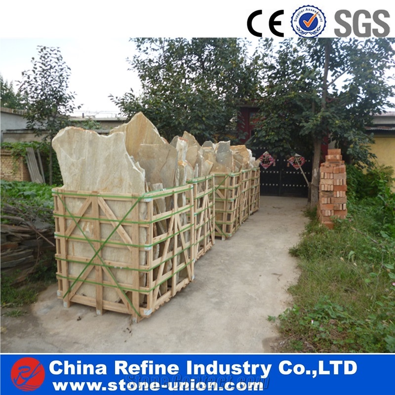 Chinese Slate Flagstone Floor Paving , Slate Flagstone Project Multiolor Slate Patio Flagstone ,Wooden Yellow Slate Flagstone