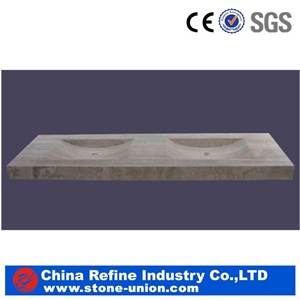 Double Marble Stone Basin & White Wooden Marble Bathroomm Countertop,Cheaper Yellow Marble Bath Top with Double Basin Sink&Square Washbasin for Sale