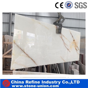 Natural Translucent Onyx Golden Veins Onyx Tile & Slab, Pure White Onyx Floor Tile Wall Covering