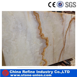 Natural Translucent Onyx Golden Veins Onyx Tile & Slab, Pure White Onyx Floor Tile Wall Covering