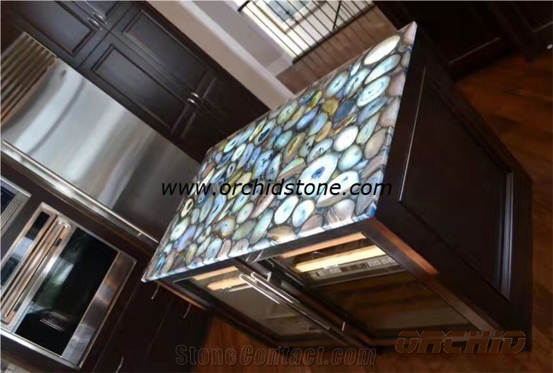 Blue Agate Gemstone Translucent Kitchen Worktops,Transparent Bright Agate Gem Stone Decorations Table Tops,Blue Kitchen Island Tops, Agate Kitchen Countertops