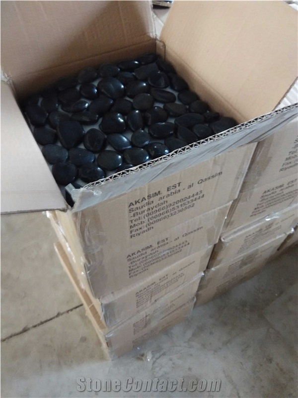 Black Polished Pebble Meshed Tiles, River Stone
