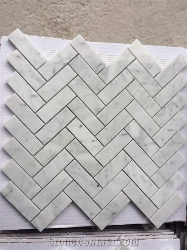 Herringbone Carrara White Marble Mosaic