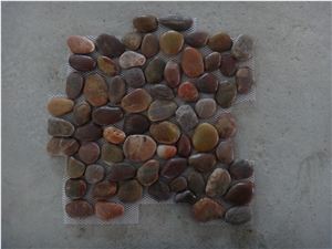 Red Polished Pebble Meshed Tiles, River Stone
