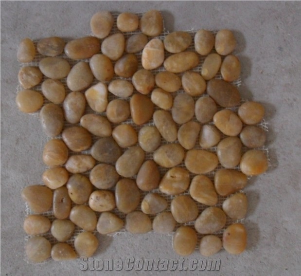 Yellow Polished Pebble Meshed Tiles, River Stone