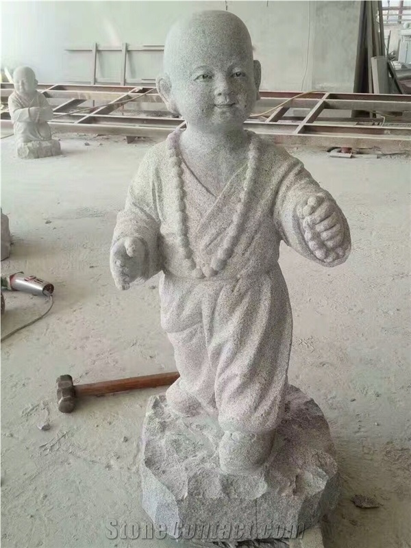 China White Grey Little Monk Statue,Granite Handcarved Human Sculpture