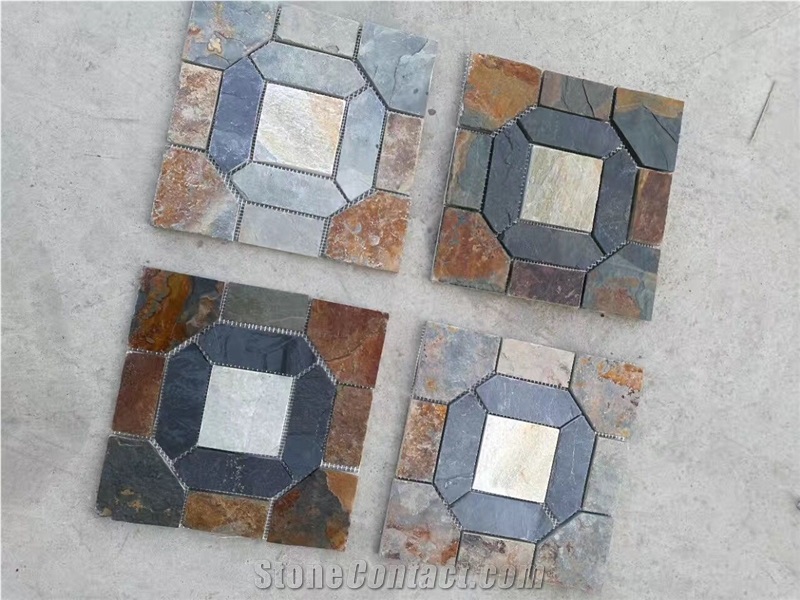 Slate Medallion Flooring Tiles,Outdoor Flagstone Walkway Pavers,Multicolor Flagstone Road Paving