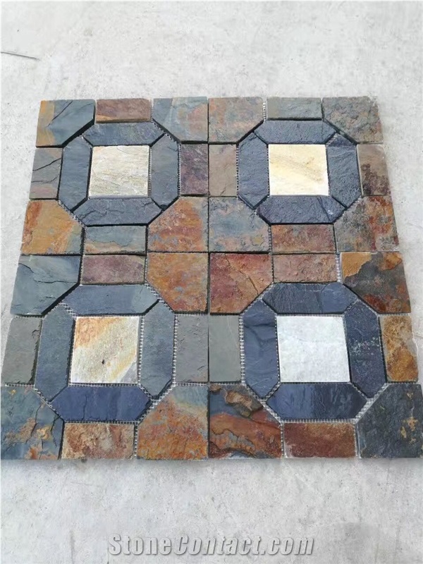 Slate Medallion Flooring Tiles,Outdoor Flagstone Walkway Pavers,Multicolor Flagstone Road Paving