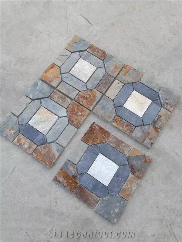 Slate Medallion Flooring Tiles,Outdoor Flagstone Walkway Pavers,Multicolor Flagstone Road Paving