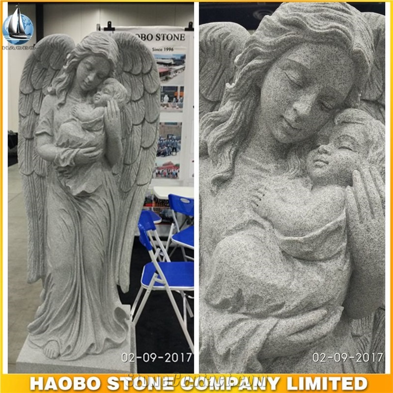 G633 Grey Granite Cemetery Angel Statue With Baby