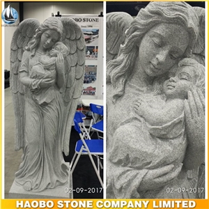 G633 Grey Granite Cemetery Angel Statue With Baby