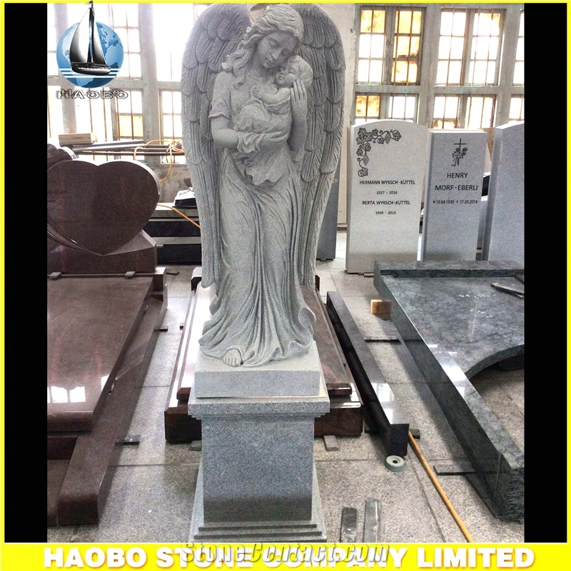 G633 Grey Granite Cemetery Angel Statue With Baby