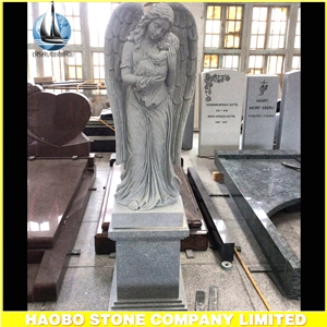 G633 Grey Granite Cemetery Angel Statue With Baby