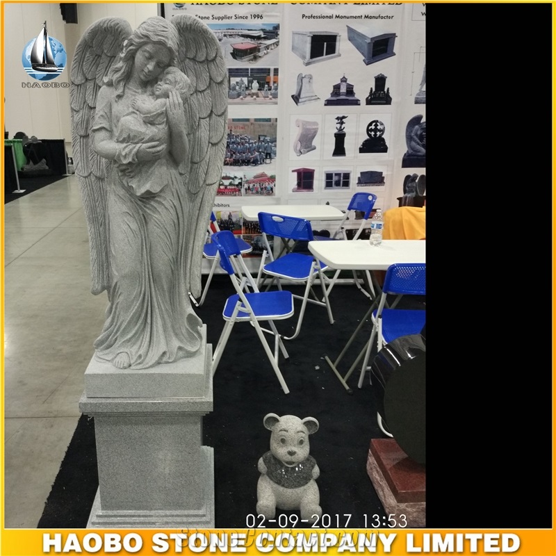 G633 Grey Granite Cemetery Angel Statue With Baby