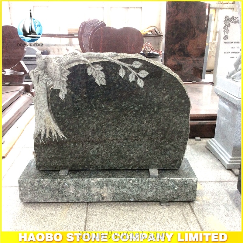 Verde Fountain Green Granite Headstone with Trees