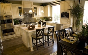 King White Quartzite with White Cabinets