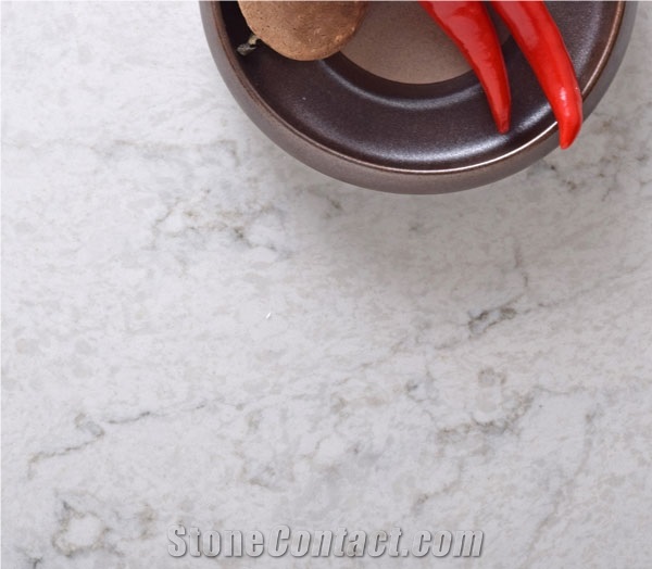 Chinese Quartz Prefabricated Countertops with Eased Edge Wide Luxurious White Veins Makes It a Perfect Match to Interior Design Environment