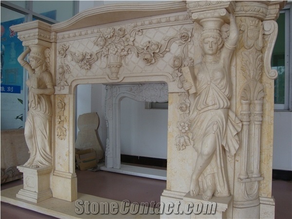 2017 New Design, Western & European Customized Figure & Beige Marble Hand Carving Sculptured Fireplace, Hot Fireplace Hearth Decorating Marble Fireplace Mantel