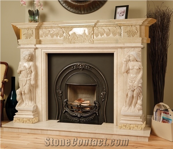 2017 New Design, Western & European Customized Figure & Beige Marble Hand Carving Sculptured Fireplace, Hot Fireplace Hearth Decorating Marble Fireplace Mantel