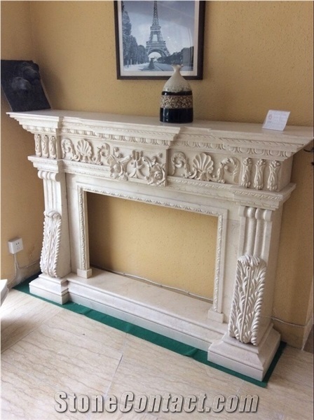 2017 New Design, Western & European Customized Figure & Beige Marble Hand Carving Sculptured Fireplace, Hot Fireplace Hearth Decorating Marble Fireplace Mantel