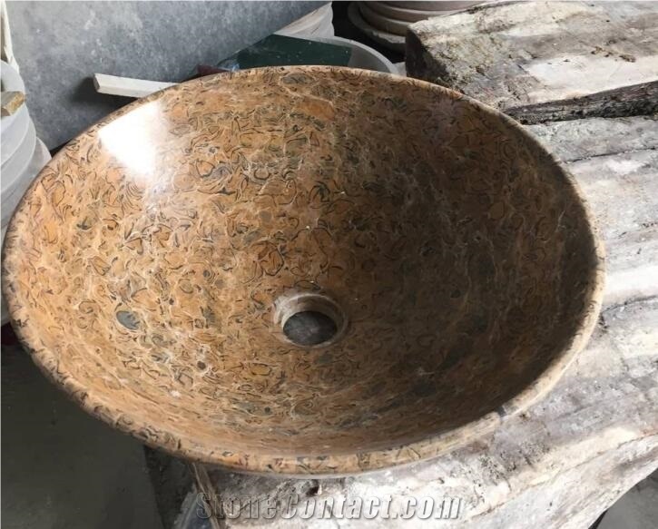 King Flower Marble Round Basins, Bathroom Sinks