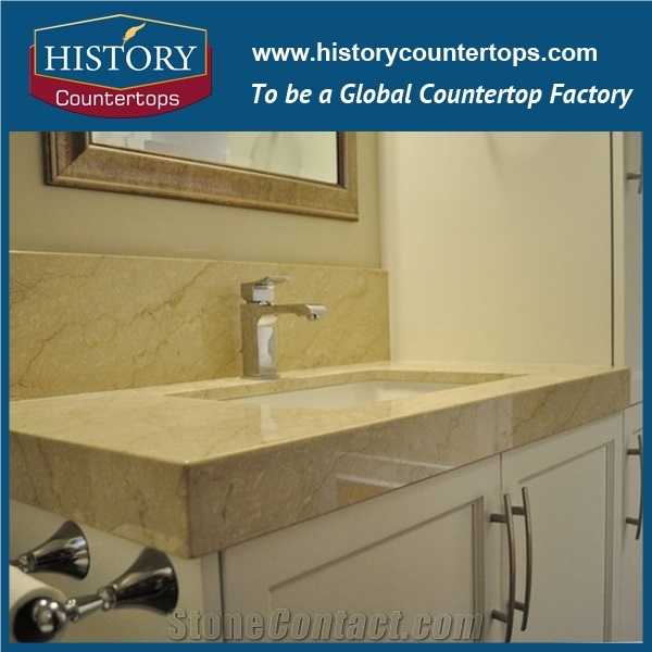 Italy Botticino Classico Natural Stone Solid Surface Vanity Tops with Sigle and Double Sinks for Bathrooms, Custom Size Marble Bath Countertop Installed