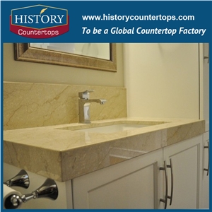 Italy Botticino Classico Natural Stone Solid Surface Vanity Tops with Sigle and Double Sinks for Bathrooms, Custom Size Marble Bath Countertop Installed