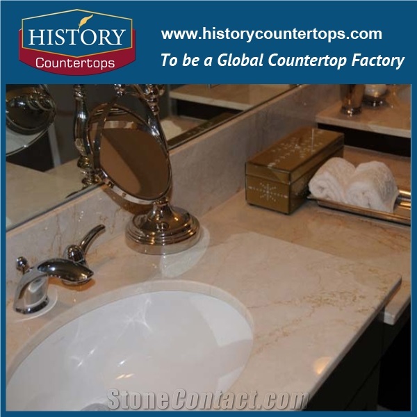 Italy Botticino Classico Natural Stone Solid Surface Vanity Tops with Sigle and Double Sinks for Bathrooms, Custom Size Marble Bath Countertop Installed