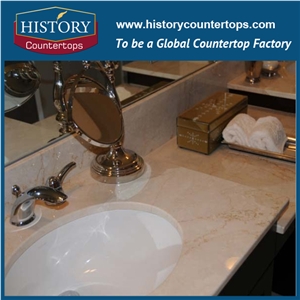 Italy Botticino Classico Natural Stone Solid Surface Vanity Tops with Sigle and Double Sinks for Bathrooms, Custom Size Marble Bath Countertop Installed