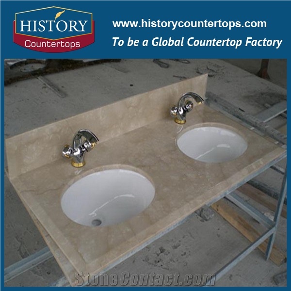 Italy Botticino Classico Natural Stone Solid Surface Vanity Tops with Sigle and Double Sinks for Bathrooms, Custom Size Marble Bath Countertop Installed