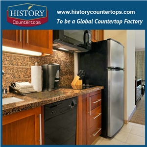 Solid Surface Kitchen Tops, Affordable Granite Countertops, Brown Granite Kitchen Worktops with Custom Edging for Hospitality Projects