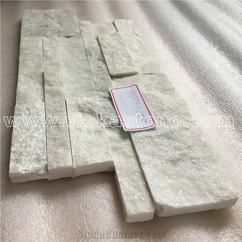 China Snow White Quartzite Stacked Stone Wall Cladding Panel Ledge Stone Split Face Tile Landscaping Interior & Exterior Culture Stone 35x18cm