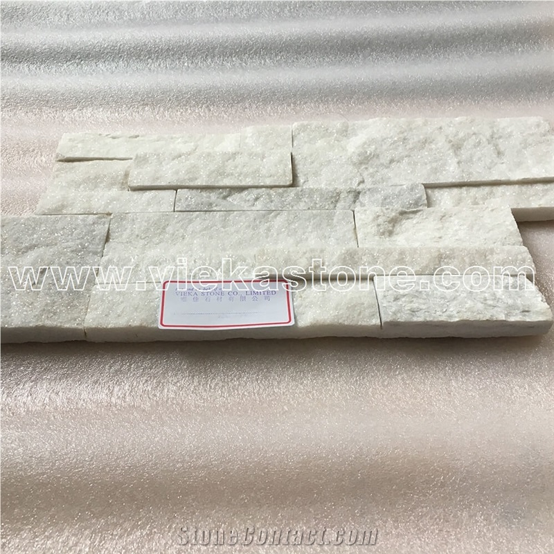China Snow White Quartzite Stacked Stone Wall Cladding Panel Ledge Stone Split Face Tile Landscaping Interior & Exterior Culture Stone 35x18cm
