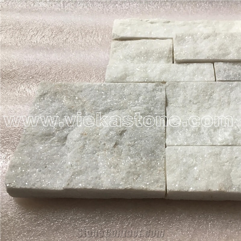 China Snow White Quartzite Stacked Stone Wall Cladding Panel Ledge Stone Split Face Tile Landscaping Interior & Exterior Culture Stone 35x18cm