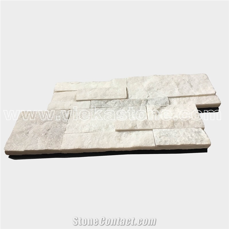 China Snow White Quartzite Stacked Stone Wall Cladding Panel Ledge Stone Split Face Tile Landscaping Interior & Exterior Culture Stone 35x18cm