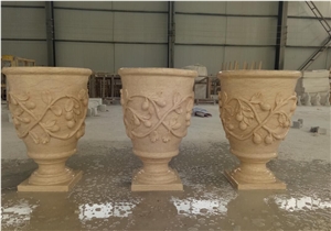 Hand Carved Beige Marble Plant Pot