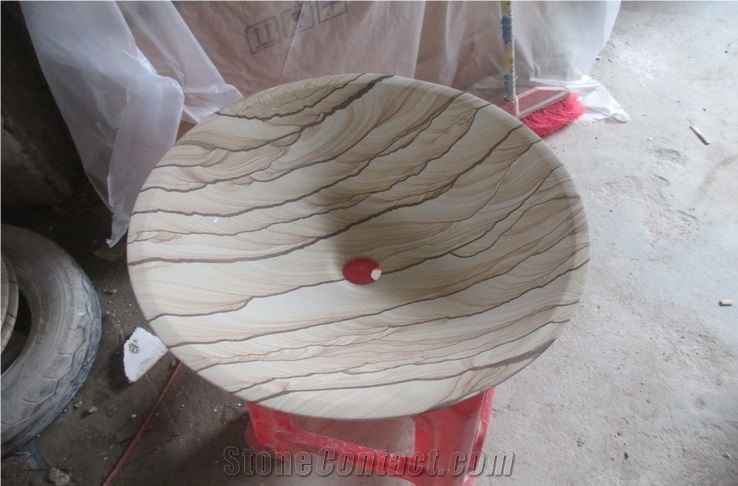 Chinese Yellow Landscape Pattern Sandstone Basins, Wooden Sandstone Bathroom Vanity Vessels, Distributor Basins, Cheap Bowls & Nature Stone Sinks, Wholesale Wash Basins