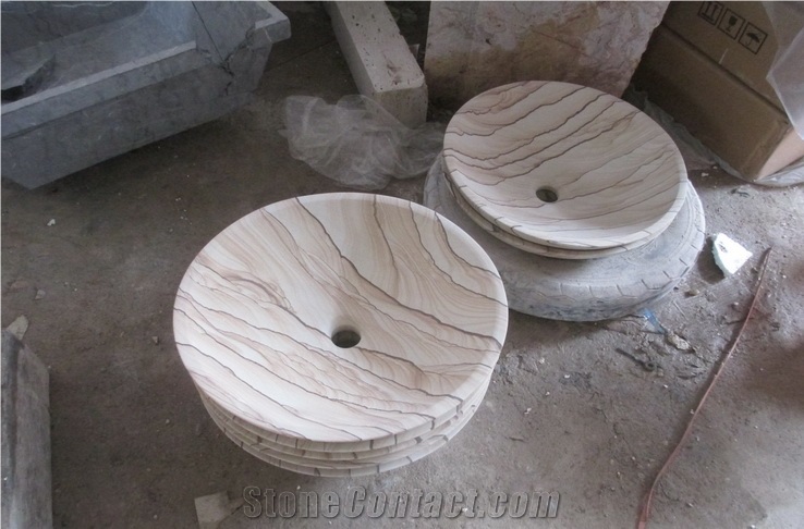 Chinese Yellow Landscape Pattern Sandstone Basins, Wooden Sandstone Bathroom Vanity Vessels, Distributor Basins, Cheap Bowls & Nature Stone Sinks, Wholesale Wash Basins