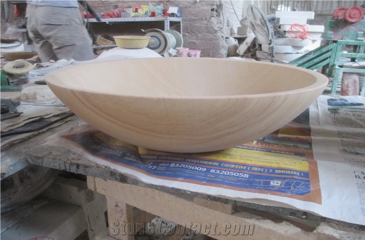 Chinese Yellow Landscape Pattern Sandstone Basins, Wooden Sandstone Bathroom Vanity Vessels, Distributor Basins, Cheap Bowls & Nature Stone Sinks, Wholesale Wash Basins