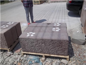 Beatiful Whole Lilac Color Cuboid Sandstone Bench, Purple Sandstone Chair with White Flower Design on the Top, Sandstone Benches for Garden Decoration Outside,Exterior Street Furniture