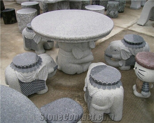 Cartoon Design White Granite Outdoor Garden Stone Round Tables and Animal Benches,Stone Table Sets