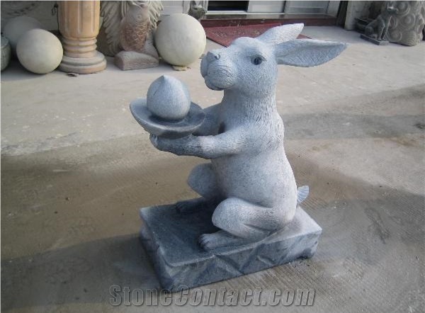 Carved Granite Rabbit, Animal Stone Sculpture, Light Grey Granite Natural China Rabbit Carving Handcrafts