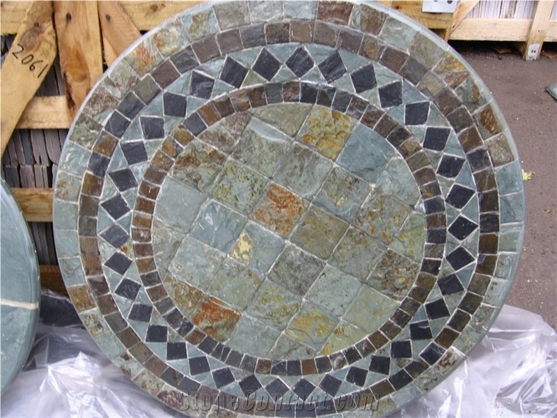 Slate Mosaic Interior Floor Pattern, Round Mosaic Medallion, Multicolor Slate Circle Medallions