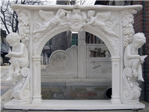 White Marble Angel Fireplace Mantel, Handcarved Human Sculptured Fireplace, Indoor Sculptured Stone