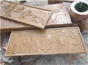 Yellow Sandstone Wall Clading Tiles, Sandstone Etching, Shandong Yellow Sandtstone Wall Covering for Pattern, Hotel and Lobby, Sandstone Wall Tile Building Material
