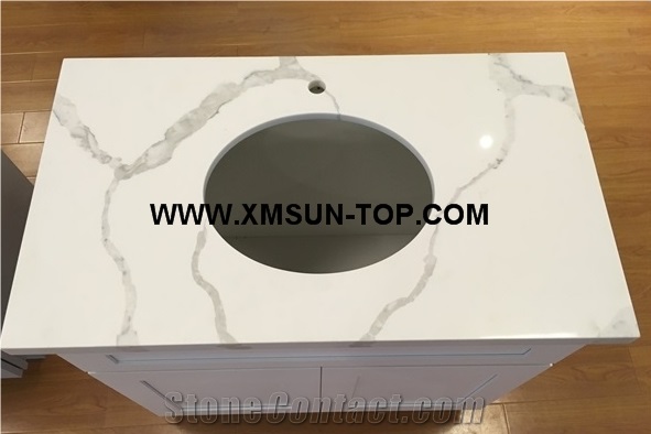 Calacatta Quartz Stone Cabinet Bathroom Countertop/White Artificial Stone Vanity with Wood Cabinet/White Quartz Bath Tops/Custom Cabinet Countertop & Fabrication/Engineered Stone Bathroom/Man-Made